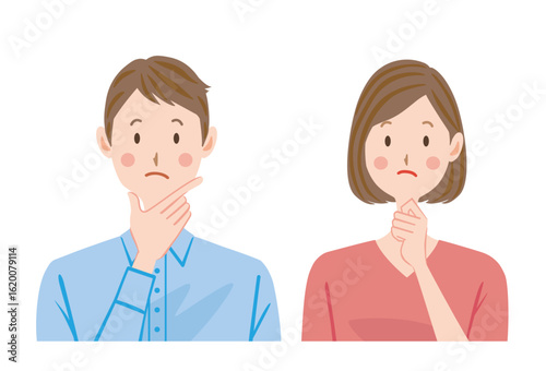 考える若い夫婦のイラスト　上半身　カップル
