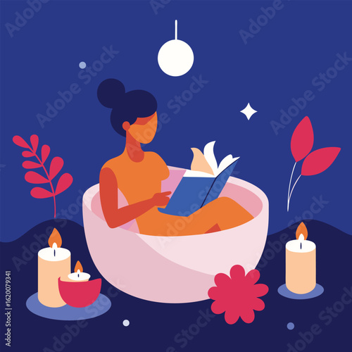 Woman In Bathtub Surrounded By Candles Flower Petals And Relaxing Aromatherapy