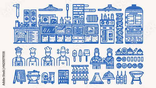 Illustration of a commercial kitchen setup with chefs equipment and various cooking utensils in blue ink