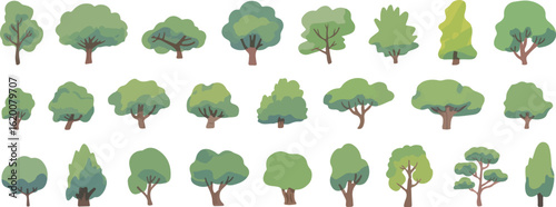 Watercolor illustration of stylized green trees with varying shapes and sizes arranged in three rows on a white background

