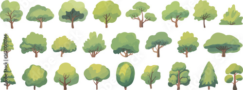 Watercolor illustration of stylized green trees with varying shapes and sizes arranged in three rows on a white background

