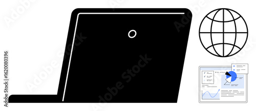 Laptop and global icon combine with analytics interface, illustrating data exploration, global reach, and technology. Ideal for tech, marketing, analytics, education, e-commerce remote work simple