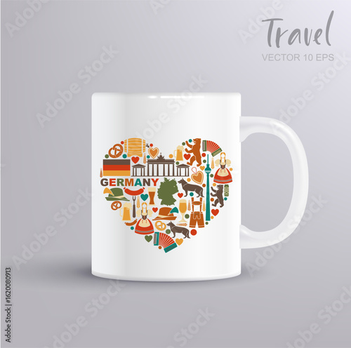 Vector heart-shaped composition of German landmarks, traditions and culture on a coffee mug mockup. Includes national flag, Brandenburger Gate, food, costumes, beer and pretzels. 