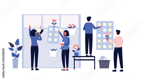 People decorating office space with plants and notes on the wall in a bright and creative environment