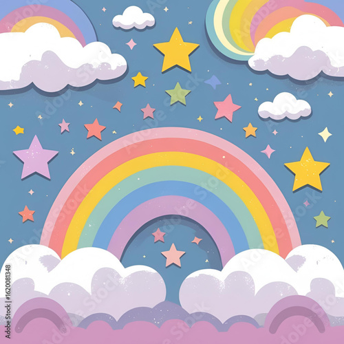 Boho rainbow with stars and clouds, pastel palette, vector (1)
