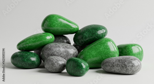 A collection of smooth, polished green and gray stones are artfully arranged, creating a visually appealing composition against a plain background.
