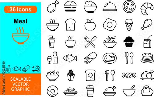 Tasty vector icon set for meals — includes breakfast, lunch, dinner, snacks, beverages, utensils, and food prep items. Perfect for menus, apps, blogs, and restaurant branding.

