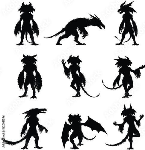 Striking Silhouettes of Diverse Fantasy Creatures: A Collection Featuring Dragon-like Beings, Winged Monsters, and Mythical Beasts in Various Dynamic Poses, Ideal for Gaming, Literature, and Imaginati