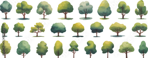 Watercolor illustration of stylized green trees with varying shapes and sizes arranged in three rows on a white background

