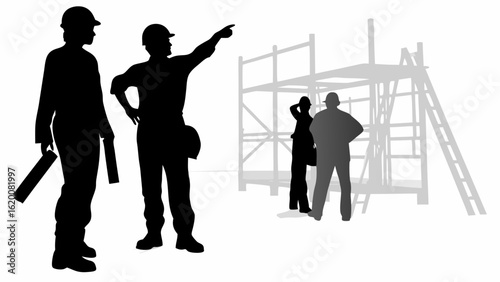 Silhouetted construction workers inspecting scaffolding at a construction site with one pointing ahead | editable eps vectors
