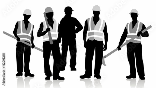 Silhouette of five construction workers in vests and hard hats holding tools on a white background | editable eps vectors