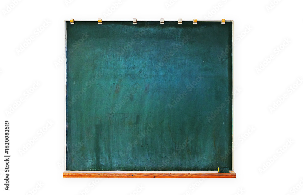 Fototapeta premium Empty chalkboard isolated on white background. Vintage green blackboard with wood ledge and faded chalk marks. 