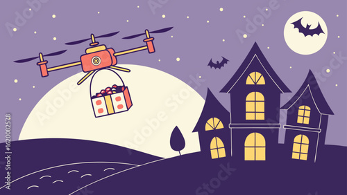 A halloween drone delivers candy to spooky houses under a full moon with bats flying in the night sky
