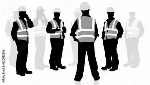Silhouettes of construction workers wearing hard hats and safety vests standing in a group formation | editable eps vectors