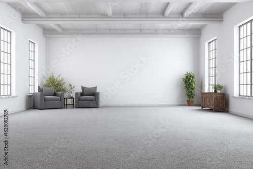 Empty light room with gray furniture