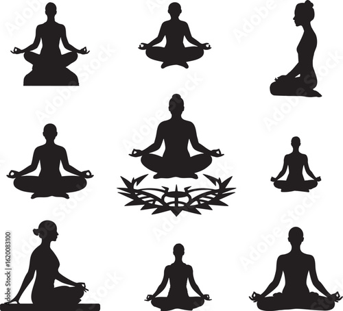 Yoga Meditation Poses Silhouette Vector Icon Set