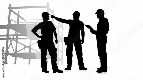 Three construction workers in silhouette discussing plans near scaffolding on a construction site outdoors | editable eps vectors