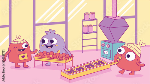 Cute cartoon monsters working together in a brightly colored factory sorting and processing round objects with smiles and enthusiasm