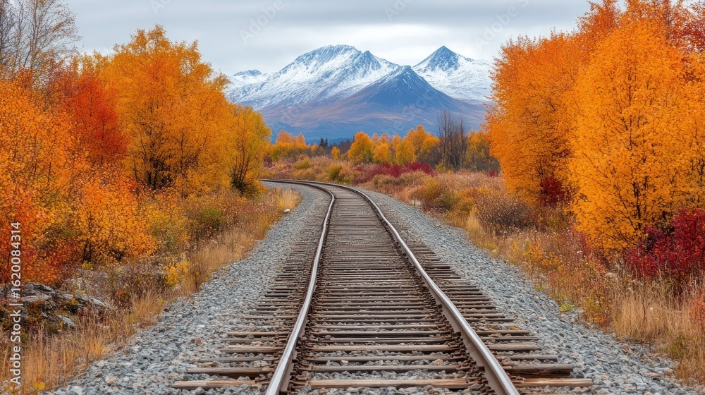 Obraz premium Autumnal railway track leads to snowy mountains