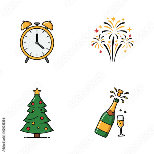 New Year s Eve Celebration with Clock Fireworks Tree and Champagne Icons