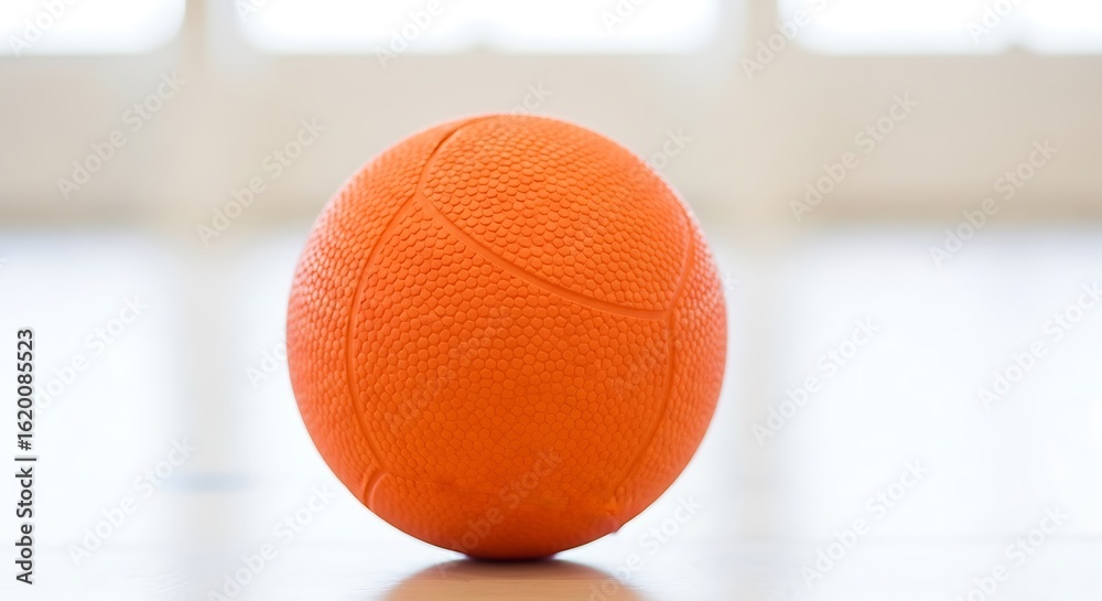 Fototapeta premium Vibrant Orange Ball Resting on Polished Wooden Floor of an Indoor Sports Court or Gymnasium, Ready for Play and Activity