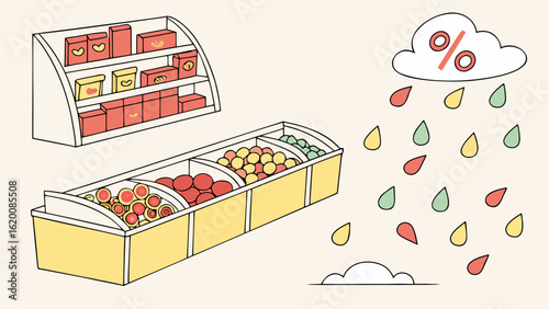 A whimsical illustration depicting a grocery store display of colorful produce and packaged goods alongside a playful cloud raining down percentages and colorful droplets
