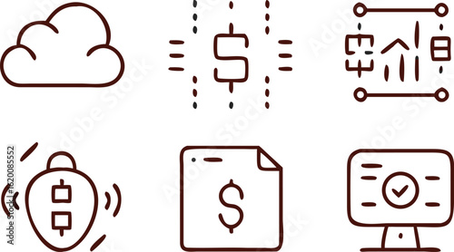 Six financial and technology icons in a minimalist line art style finance