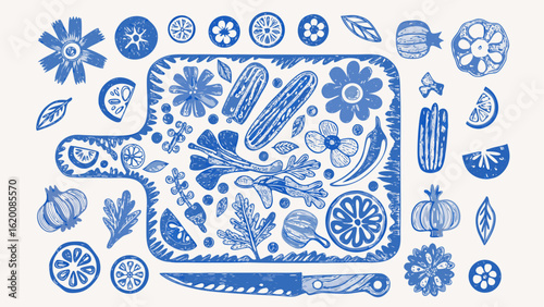 Blue botanical illustration of vegetables and fruits on a cutting board with a knife design art print