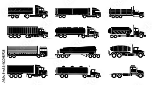 "Stylized black silhouette icons of heavy trucks and haulers, displayed in a consistent profile view. Each of the nine illustrations showcases a different type of trailer, from tankers to container ca
