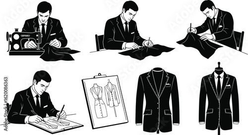 Illustrations of a tailor at work and finished suits