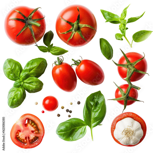 Fresh red tomatoes and basil, peppercorns, and garlic, arranged on a dark background