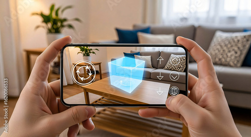 Augmented Reality Home Decor: Phone View of 3D Cube Overlayed in Living Room