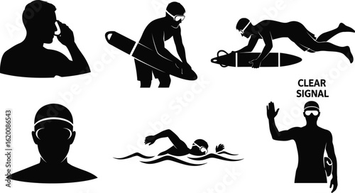 Lifeguard silhouette vector set with rescue actions