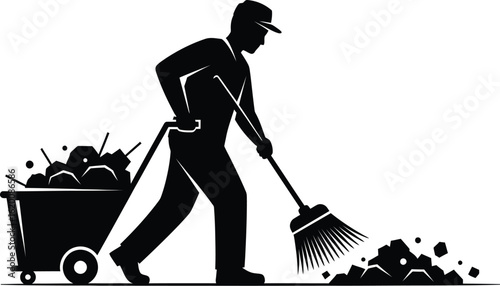 Silhouette of man sweeping with cart full of debris