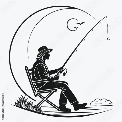 An illustrated vector cartoon of a fun guy fisherman with a fishing rod fishing from