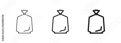 Tied garbage bag icon in thin, regular, and bold outline. Plastic sack. For web page, ui ux, mobile app interface. Recycling, waste, and sanitation themes. Vector illustration isolated on white