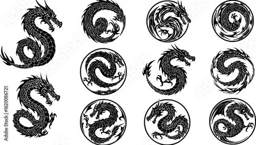 set of vector illustration, set of round tribal dragon tattoo designs, black and white graphics
