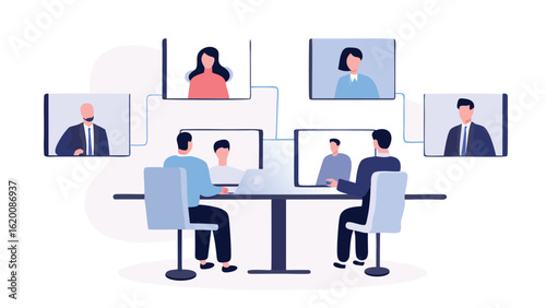 People attending a virtual meeting with screens showing participants on a video conference call setup