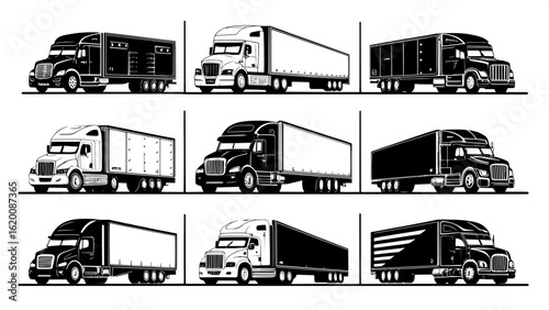 "Minimalist illustration of nine truck silhouettes, each featuring a different cab and trailer style. All trucks are presented in profile and aligned in a grid layout, emphasizing shape and design. Th