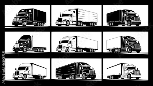 "Minimalist illustration of nine truck silhouettes, each featuring a different cab and trailer style. All trucks are presented in profile and aligned in a grid layout, emphasizing shape and design. Th