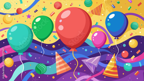 Vector art of an energetic composition featuring a variety of bright balloons, party hats, and confetti against a dynamic purple and yellow background, perfect for festive events
