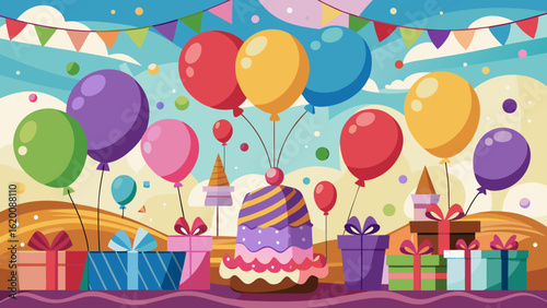 Vector art of a vibrant birthday celebration scene with a tiered cake, colorful balloons, festive bunting, and wrapped gifts, creating a joyful and exciting atmosphere for a special occasion