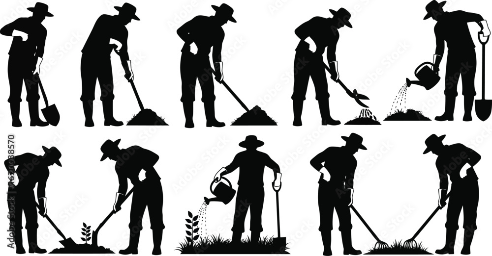 Obraz premium Silhouetted farmers gardening with tools