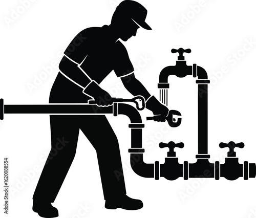 Silhouette of plumber repairing pipes
