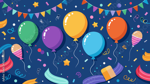 Vector art of festive background with colorful balloons, confetti, and party streamers, celebrating a happy occasion with vibrant colors and a sense of joy and fun