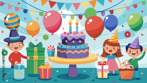 Vector art of children enjoying a birthday party with a tiered cake, gifts, balloons, and festive decorations, creating a scene of pure childhood delight