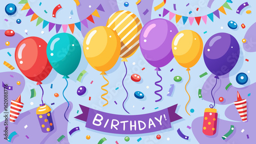 Vector art of vibrant birthday celebration with a collection of colorful balloons, confetti, and a festive banner, evoking a sense of joy and excitement