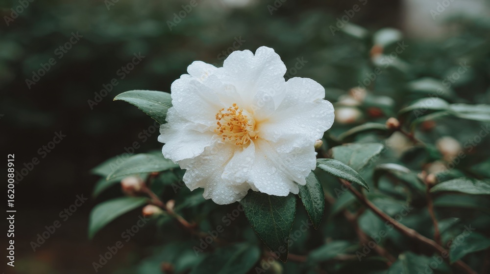 Obraz premium Delicate White Flower With Raindrops Surrounded By Lush Green Leaves