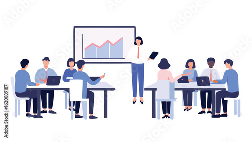 A presentation with a graph is being given to a group of people in an office environment setting