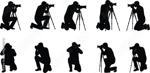 Silhouette collection of kneeling photographers with tripods